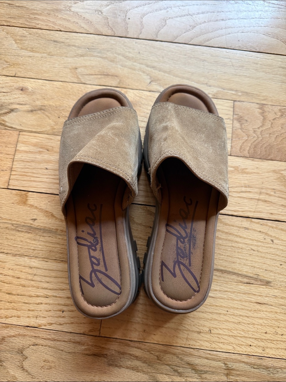 Zodiac Open-Toe Suede Slide Sandals in Tan